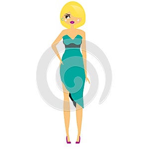 cartoon woman in party cocktail dress. Fashionable female in dressy blue outfit photo