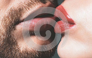 Sexy couple kiss lips. Satisfied and enjoying romantic moment. Passionate horny lovers kissing and feeling pleasure. photo