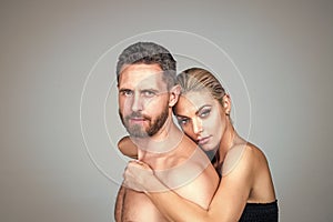 sexy couple in love of undressed man and woman embracing, relationship