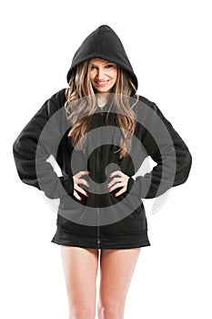 Sexy, cute, kinky and adorable young woman wearing a hoodie