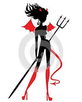 Sexy devil woman with long hair. Black and red silhouette isolated on white