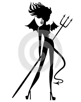 Sexy devil woman with long hair. Black silhouette isolated on white