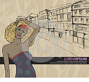 Sexy fashion girl in sketch style on a city-background