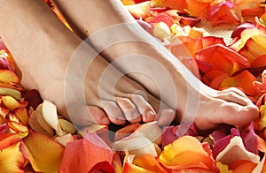 feet of a young woman on fallen petals