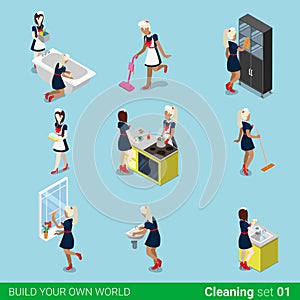 female housemaid maid cleaner flat 3d isometr photo