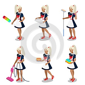 female housemaid maid cleaner flat 3d isometric vector photo