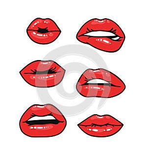 Sexy Female Lips with Gloss Red Lipstick. Pop Art Style Vector Fashion Illustration Woman Mouth. Gestures Collection Expressing