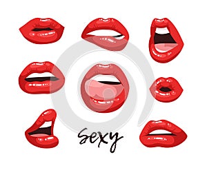 Sexy Female Lips with Red Lipstick. Vector Fashion Illustration Woman Mouth Set.  Gestures Collection Expressing Different