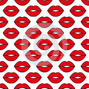 Sexy female lips. Seamless vector pattern with red lips on a white background. Fashion pop art backdrop. For modern original