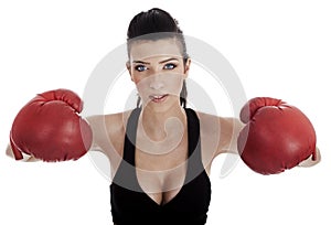 female posing with red boxing gloves