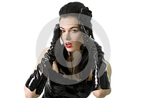 fetish woman in corset and gloves isolate