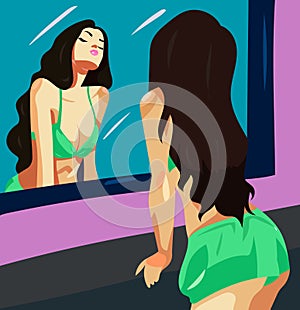 girl in front of a mirror vector portrait