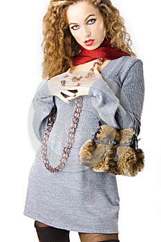 girl with with a fur bag