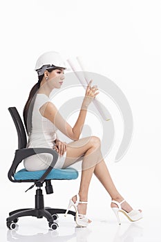 girl structural engineer working on white background