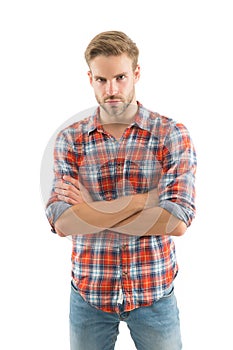 Sexy guy casual style. Masculinity concept. Man beauty model. Menswear shop. Manhood. Macho man wearing checkered shirt