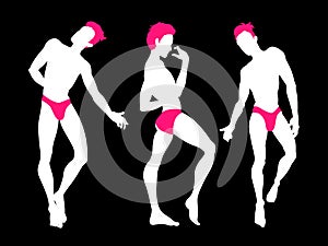 Sexy handsome men silhouettes dancing in underwear, stripper, go-go boy, gay club disco, neon colors, vector illustration