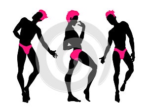 Sexy handsome men silhouettes dancing in underwear, stripper, go-go boy, gay club disco, neon colors, vector illustration