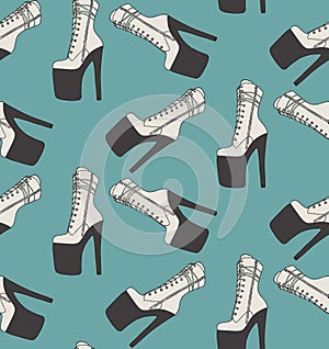 Sexy high heels boots, pole dance pleaser shoes, Exotic dancer seamless pattern decoration. wrapping paper, branding, fabrics