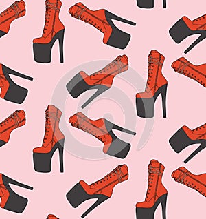 Sexy high heels boots, pole dance pleaser shoes, Exotic dancer seamless pattern decoration. wrapping paper, branding, fabrics