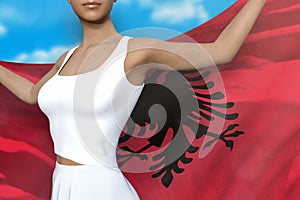Young girl holds Albania flag in hands behind her back on the cloudy sky background - flag concept 3d illustration