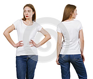 Sexy lady posing with blank white shirt and jeans