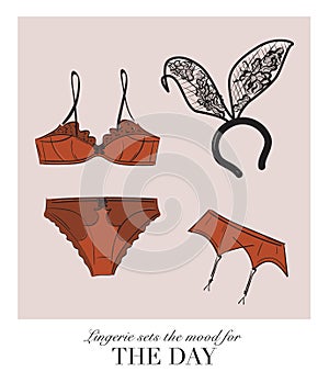 Sexy lingerie set, bra and undies underwear collection with bunny ears playtime illustration. Plus size undergarment collection