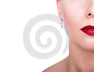 Lips. Beauty Red Lip Makeup Detail. Beauty Model Woman's Face close-up. half of the face and space for notes