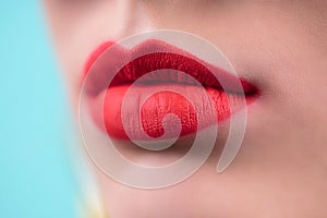 lips. Beauty red lips make up detail. Close up. Sensual mouth. lipstick, lipgloss