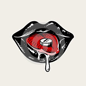 Sexy Lips in vintage style for tattoo. Medical drug on the tongue. Retro american old school sketch. Hand drawn engraved