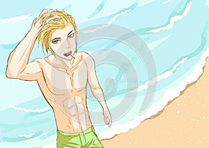 Sexy man cartoon anime on beach