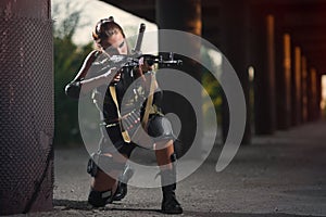military armed girl with the weapon, sniper