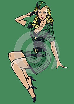 Sexy military pinup girl in vintage drawing style