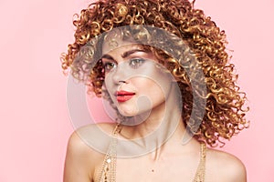 Sexy model Curly hair naked shoulders disco party charm