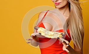 Sexy model eating fast food Hot Dog