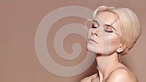 Sexy model with retro make-up, clean skin, blond hair on beige background. Elegant woman with fashion makeup, hairstyle