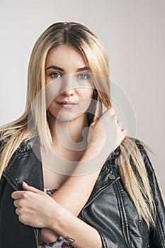 model wearing leather jacket spring