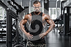 muscular man in gym, bodybuilder. Strong male torso, working out