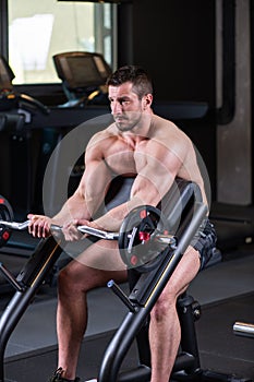 Sexy muscular man sitting on the bench and doind biceps exercise