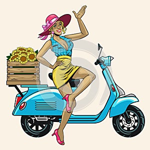 Sexy Pin Up girl pose on the classic old scooter motorcycle