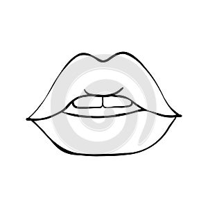 Sexy plump lips kiss isolated line art, Hand drawn illustration, Vector sketch