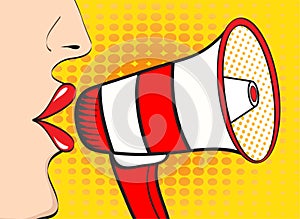 pop art woman mouth and megaphone speaking. Vector backgrou