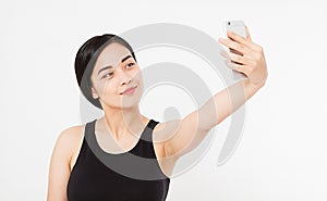 Sexy, pretty asian,korean woman taking a selfie isolated on white background,copy space,mock up