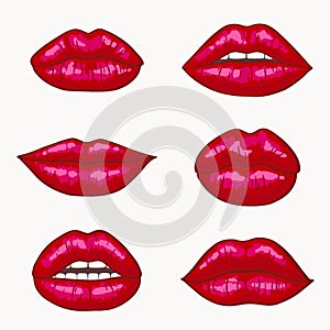 Sexy red lips icon isolated on white background. Beautiful womans an air kiss with glossy lipstick. Fashion vector illustration