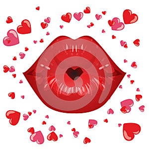 red lips in a kiss of love. And red heart, isolated on white.