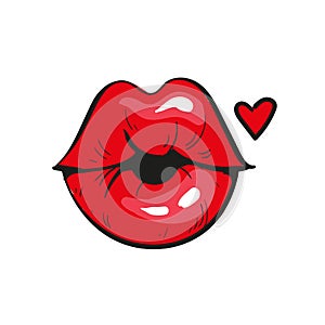 red lips in a kiss of love. And red heart, isolated on white. Vector illustration. photo