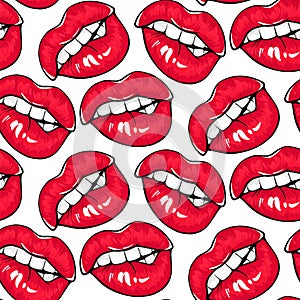 Sexy red lips seamless pattern. Female mouth with red lipstick, bite one's lip.