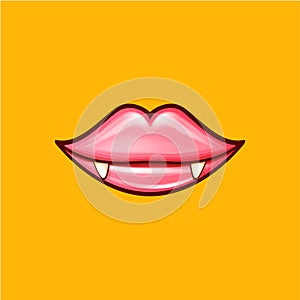 Sexy red vampire woman lips with fangs isolated on orange background. Vector cartoon girl vampire mouth with vampires