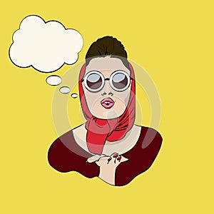 retro glamourous girl in sunglasses and kerchief blowing a kiss with speechbubble photo