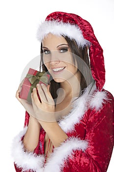 Beautiful and Caucasian woman dresses as a santa