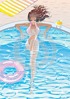 tanned brunette glamor girl in a swimming pool